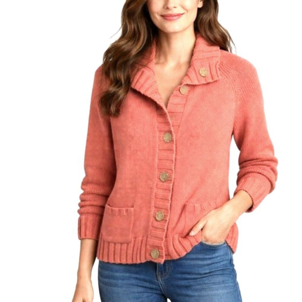 Chico's Women's Soft Orange Cotton Collared LS Cardigan Sweater Size 2/US L